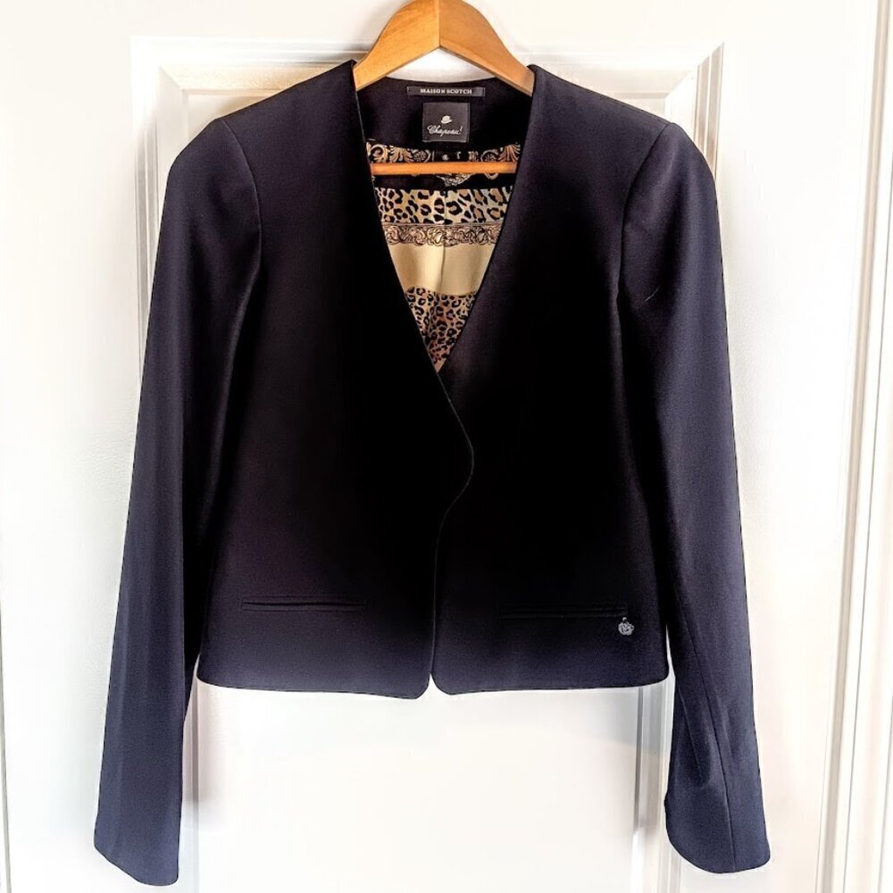 Maison Scotch Chapeau Leopard Print Black Cropped Blazer